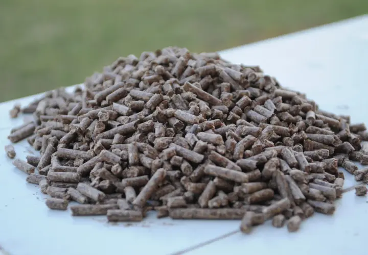 Góra drobnych, brązowych pelletów, idealnych jako dodatek do pelletu, leży na białej powierzchni.