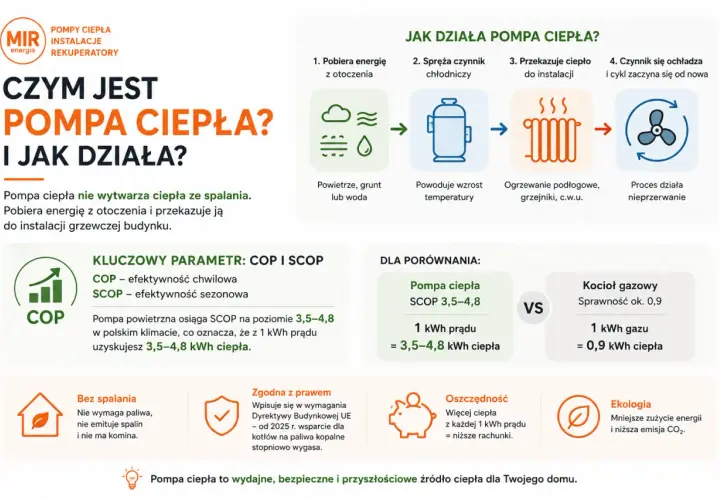 Pompa ciepła: czy się opłaca? Grafika wyjaśnia działanie, porównuje z kotłem gazowym i pokazuje oszczędność energii.