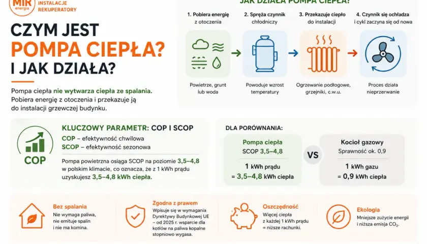 Pompa ciepła: czy się opłaca? Grafika wyjaśnia działanie, porównuje z kotłem gazowym i pokazuje oszczędność energii.